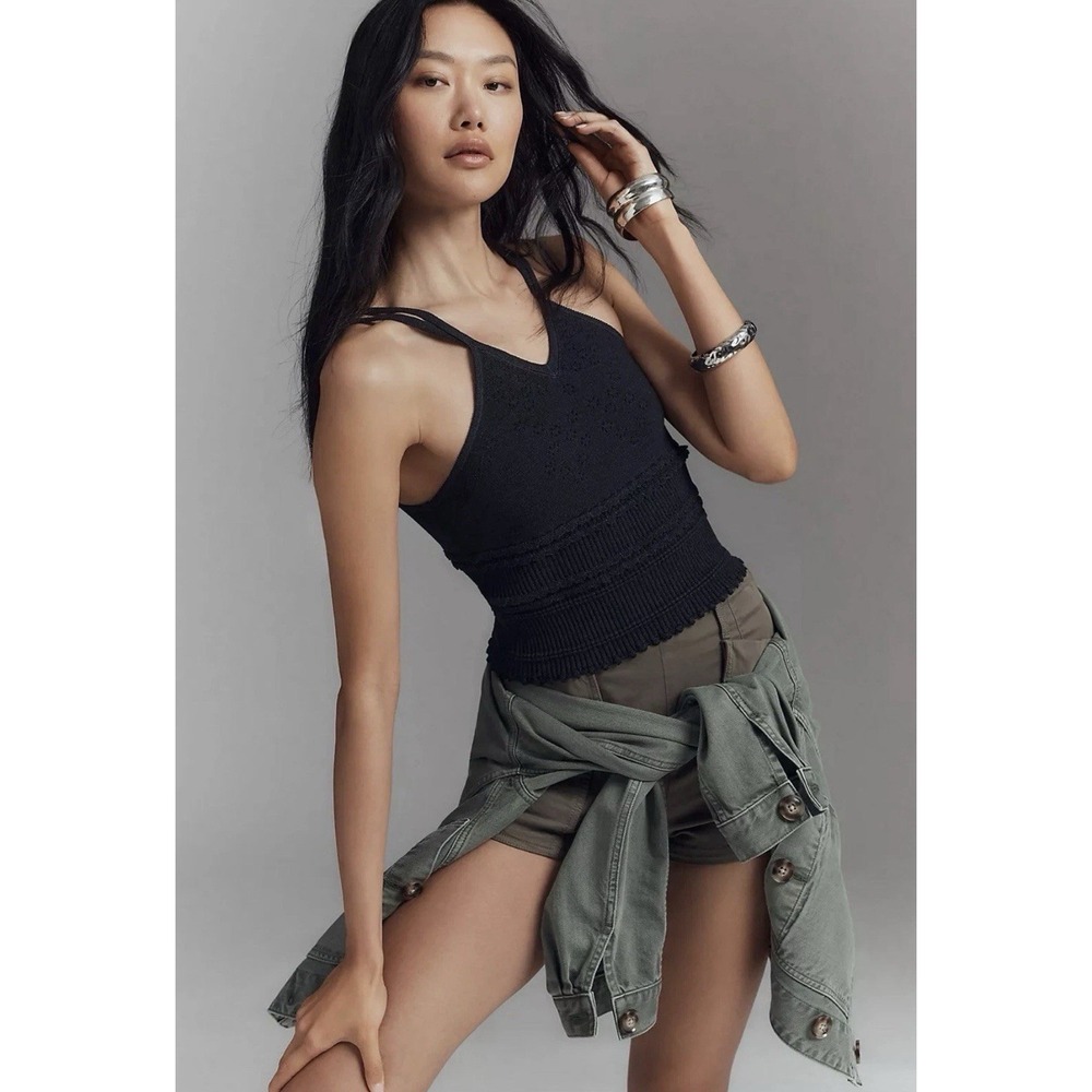 NWT Anthropologie Black Knit V-Neck Linen Blend Tank Top XL Minimalist Neutral